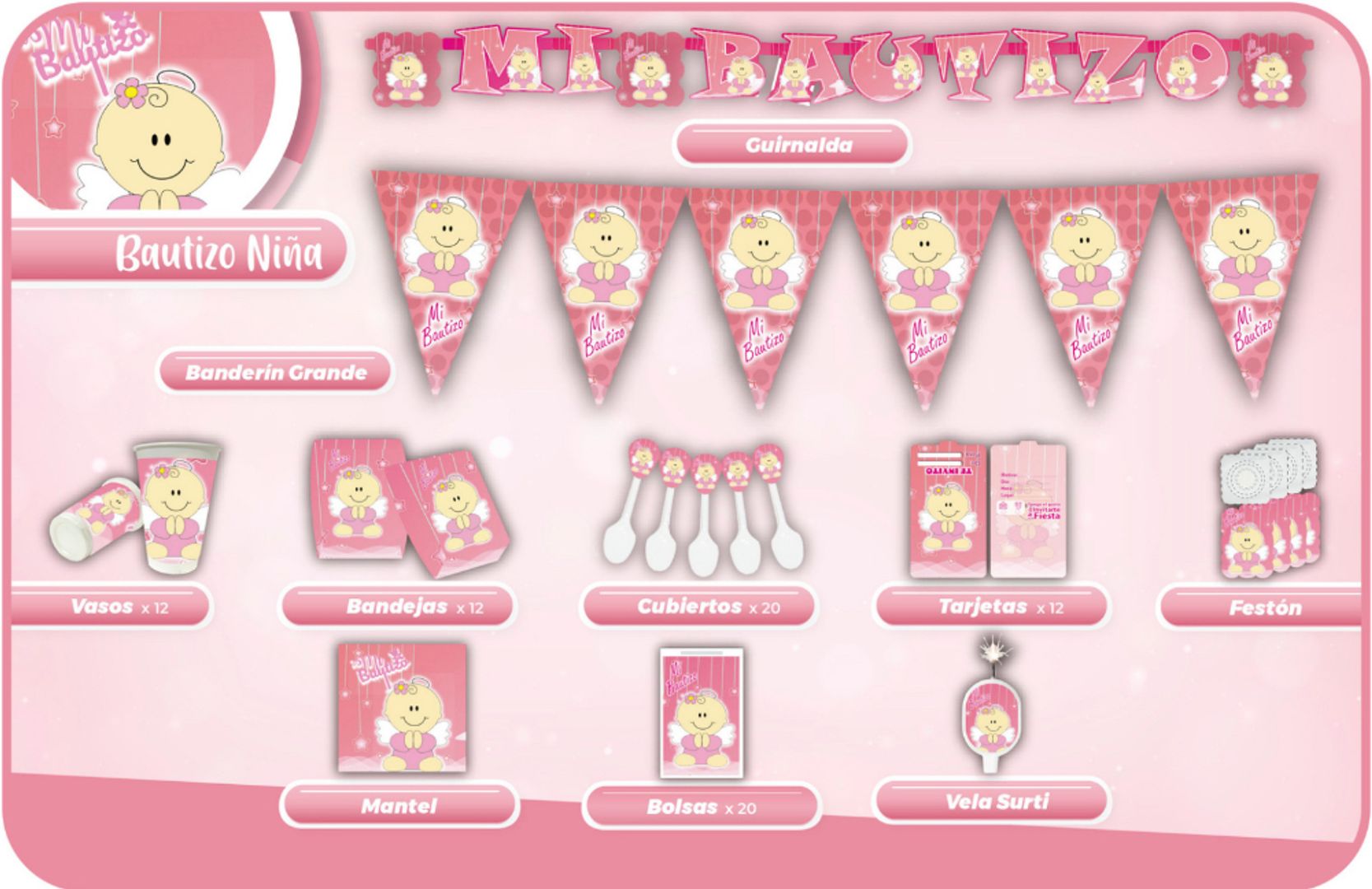 DECORACIÓN BAUTIZO ROSA ANGELITO CALVO