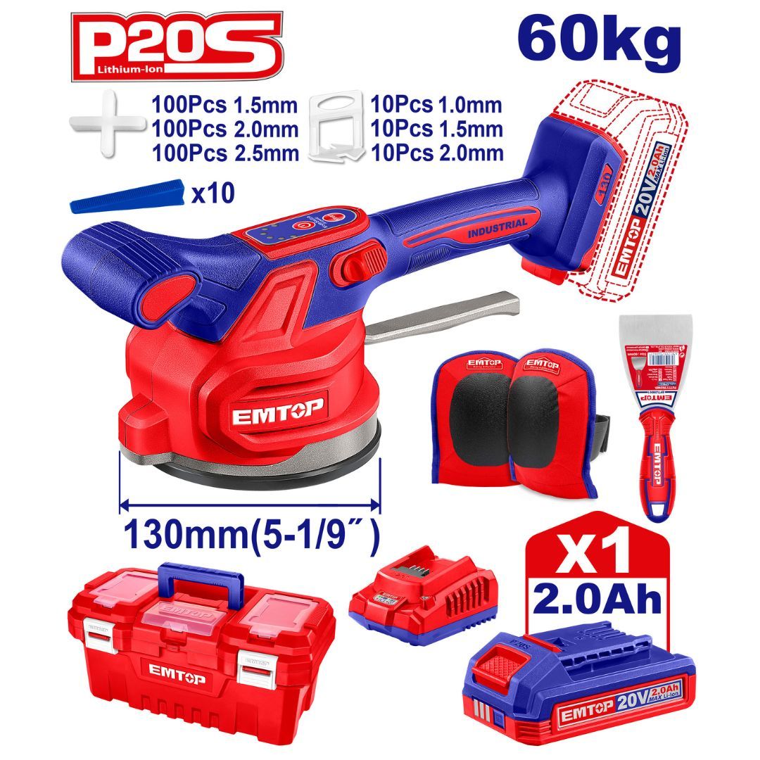 EMTOP VIBRADOR DE BALDOSA INALAMBRICA 20V CON VENTOSA CAP 60KG INCLUYE 1 PAR DE RODILLERAS, ESPATULA, SEPARADORES DE BALDOSA (1.5- 2.0-2.5), 1 BATERIA 2.0AH , CARGADOR Y CAJA HERRAMIENTA INDUSTRIAL