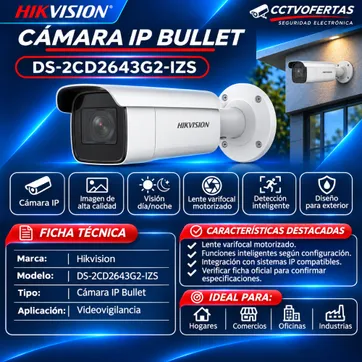Imagen del producto Cámara IP Bullet Hikvision DS-2CD2643G2-IZS | Videovigilancia Profesional