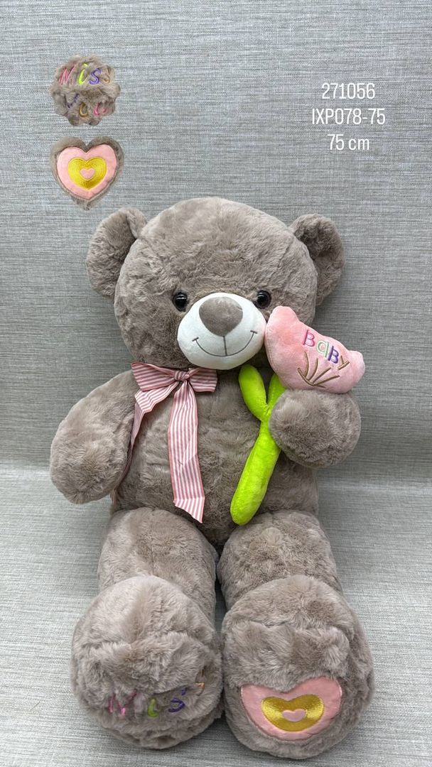 OSO GRIS CON FLOR BORDADA  BABY DE 75 CM 