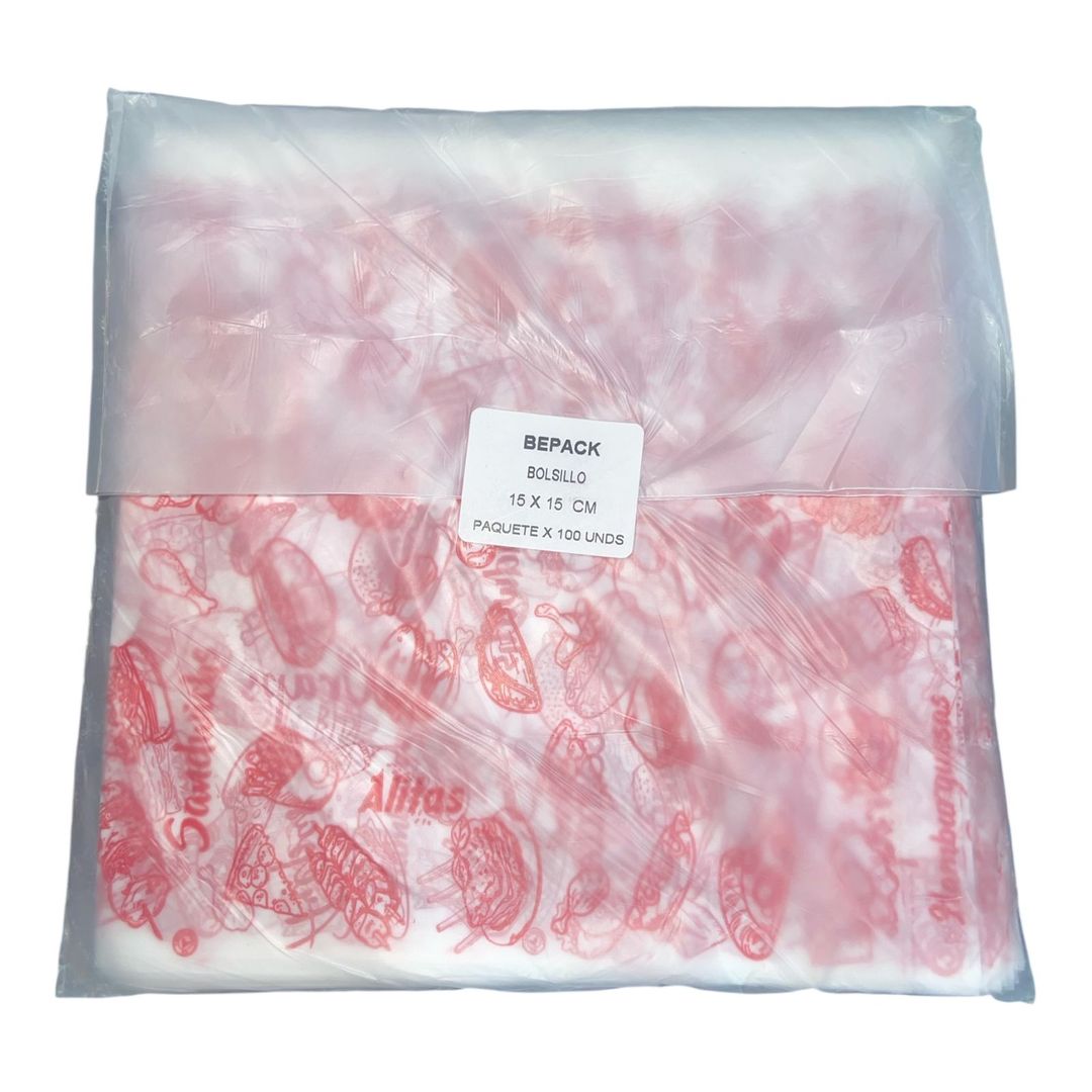 Ñ. LAMINA BOLSILLO L PARA AREPAS O HAMBUERGUESAS 15X15 PAQ X 100 UND 