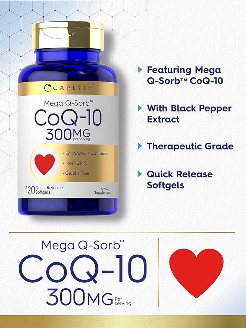 CoQ10 300mg 120 cápsulas blandas Mega Q-Sorb Coenzyme Q10 con extracto de pimienta negra CARLYLE