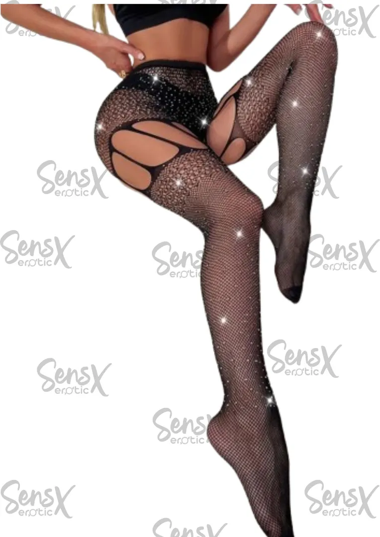 Medias de red de vidrio sexy con diamantes de imitación negros brillantes, tirantes transparentes, medias altas hasta el muslo, pantimedias, discoteca, cosplay, accesorio para disfraz de fiesta, Negro