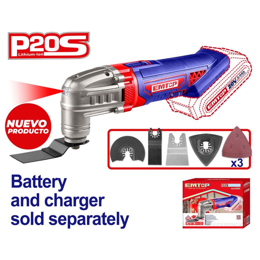 EMTOP MULTIHERRAMIENTA INALAM 20V OSCILANTE  6 VELOCIDADES AJUSTABLES + 8 ACCESORIO NO INCLUYE BATERIA NI CARGADOR SUPER EMTOP