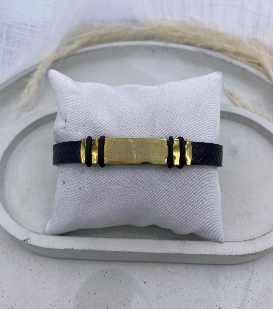 Pulsera masculina, negra, dorado, acero 