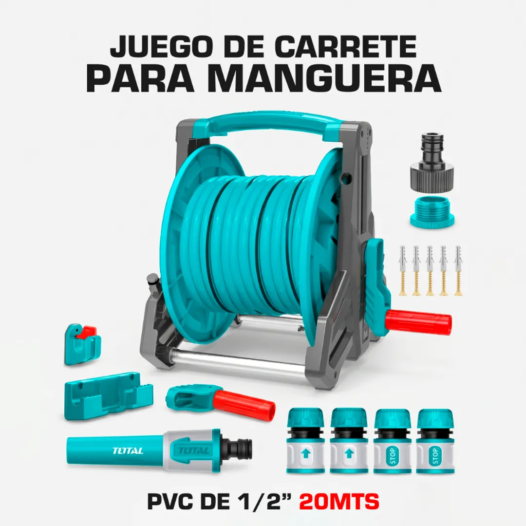 JUEGO DE CARRETE PARA MANGUERA DE RIEGO PVC 1/2 20 METROS