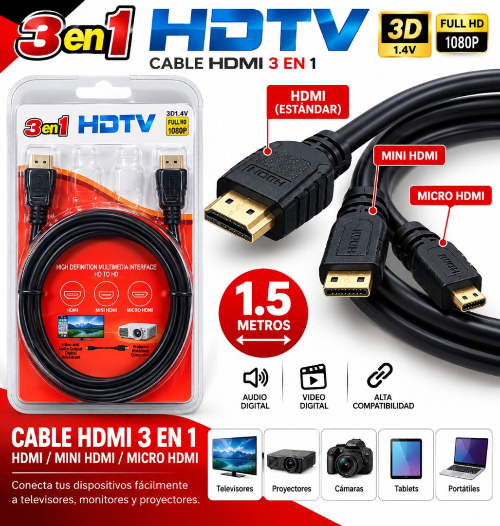 Cable HDMI 3 en 1 de 1.5 metros – HDMI, Mini HDMI y Micro HDMI