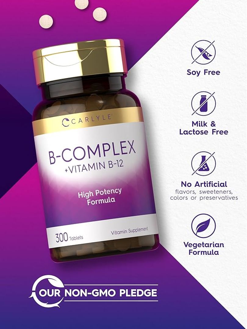 Vitamina del complejo B con B12  300 tabletas  Fórmula de alta potencia 