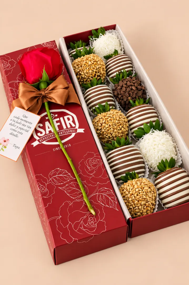 FRESAS CON CHOCOLATE X 12 + ROSA
