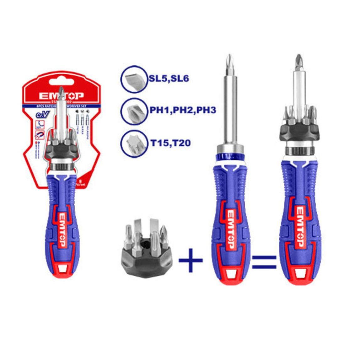 EMTOP DESTORNILLADOR RACHE CR-V 8PCS ENCAUCHETADO SUPER EMTOP