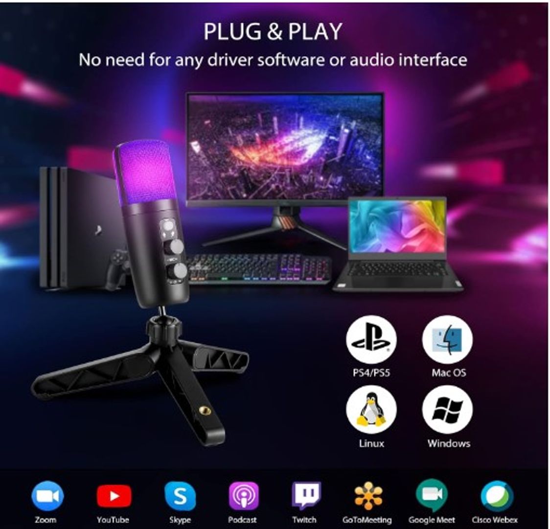  Micrófono Condensador USB+Tipo C, Micrófono de Computadora RGB con Filtro Pop y Trípode Adecuado para Windows, Mac OS, Linux, PC, Micrófono Multifuncional...