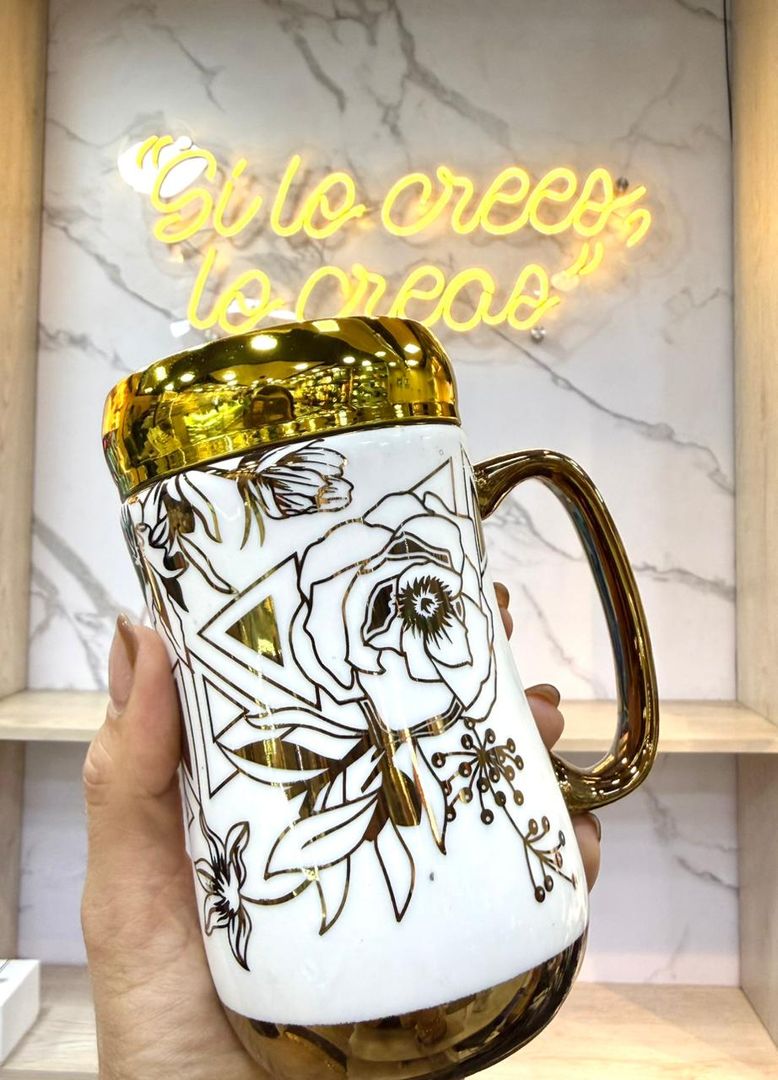 MUG TAPA ESPEJO ROSA PLATEADO Y DORAD