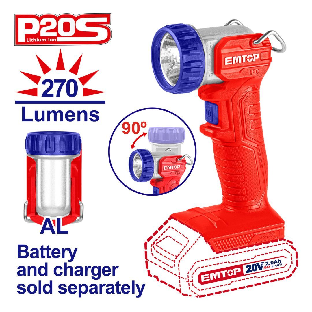 EMTOP LAMPARA DE TRABAJO INALAM 20V LED 270 LUMENS ESC 90° NO INCLUYE BATERIA NI CARGADOR 