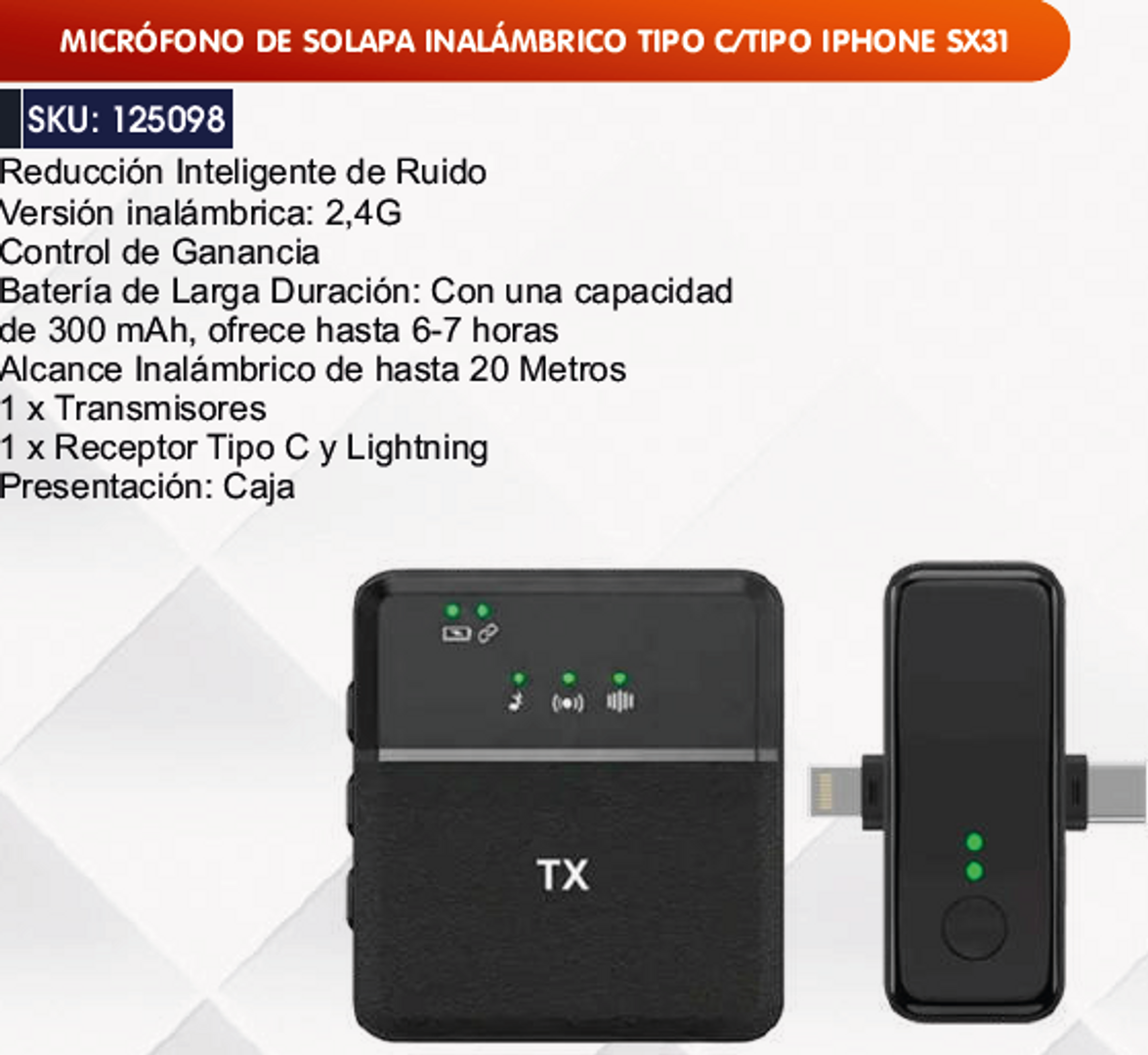 MICRÓFONO DE SOLAPA INALÁMBRICO TIPO C/TIPO IPHONE SX31