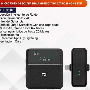 Imagen del producto MICRÓFONO DE SOLAPA INALÁMBRICO TIPO C/TIPO IPHONE SX31