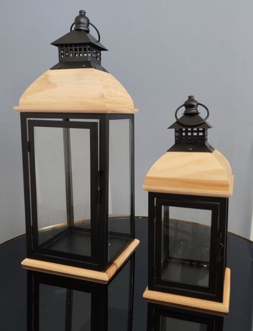 Set x2 Faroles Madera y Metal Negros