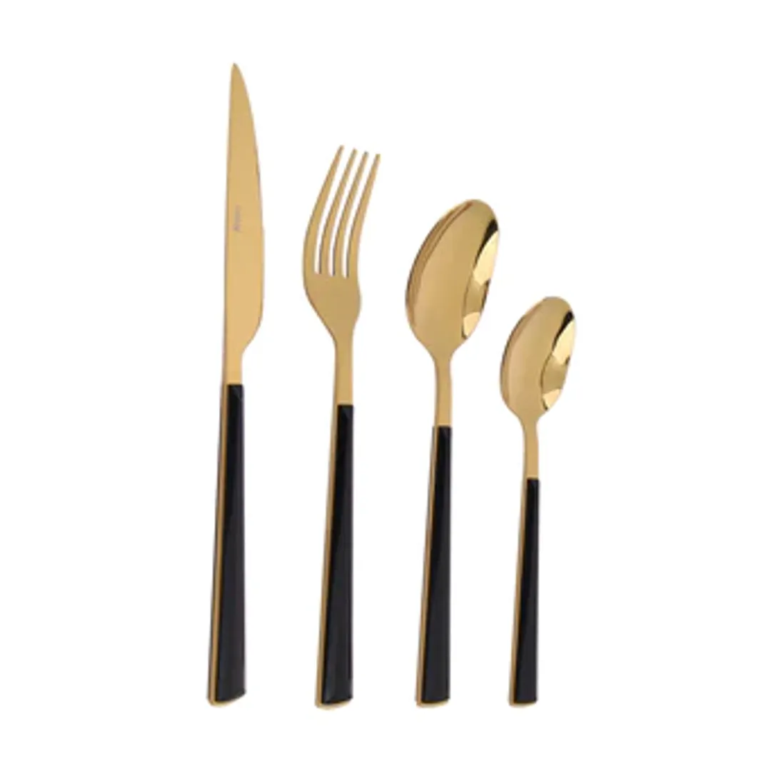 JUEGO DE CUBIERTOS ACERO DORADO MANGO PASTA NEGRA 