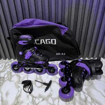 Imagen del producto PATIN CHICAGO SEMI-PROFESIONAL NEGRO CON MORADO BOTA ORTOPÉDICA ANTICHOQUE 