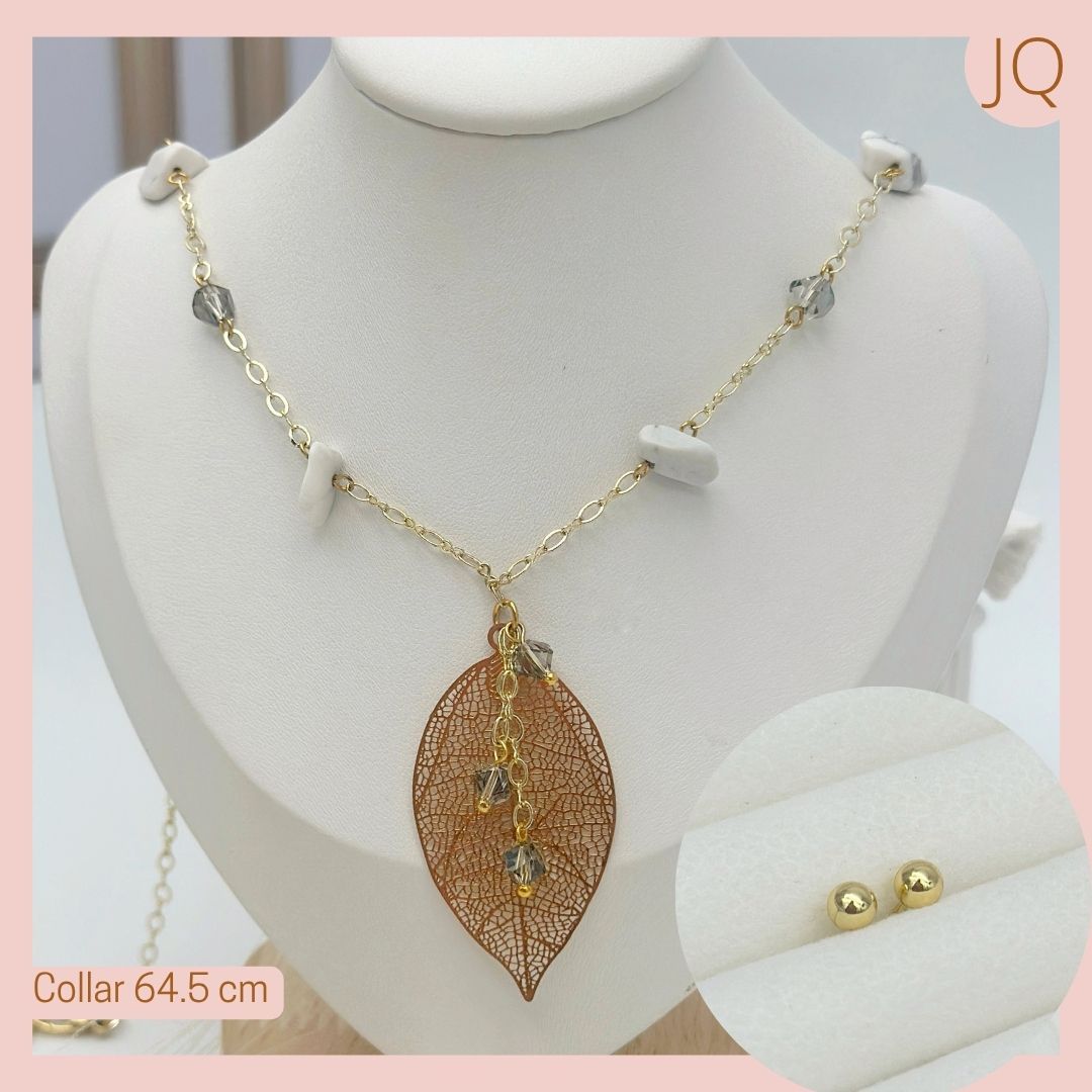 Lindo collar largo hojas y cuarzos Naturales Howlita 