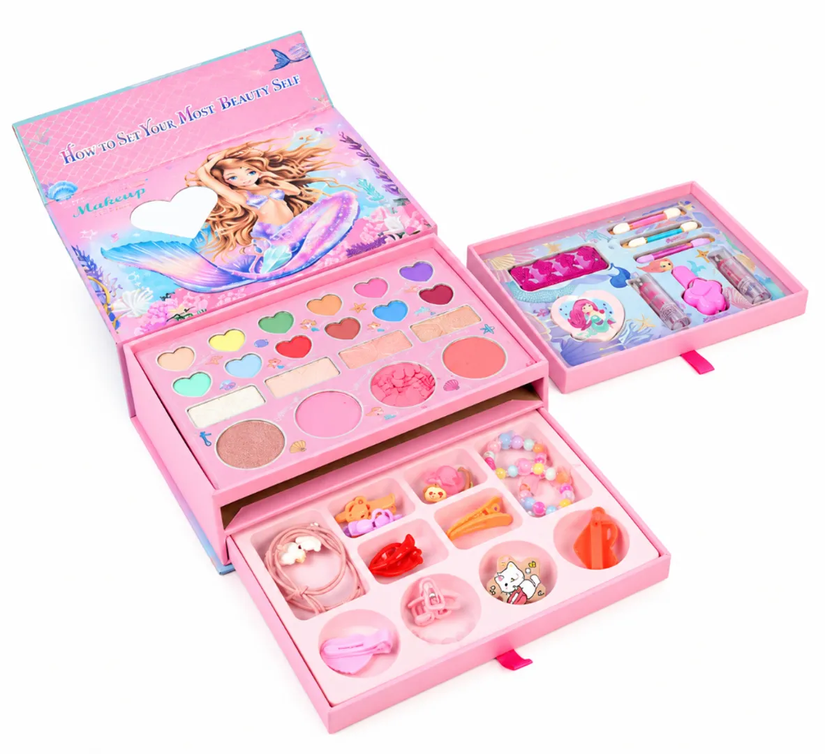 KIT DE MAQUILLAJE INFANTIL CON ACCESORIOS 3 NIVELES