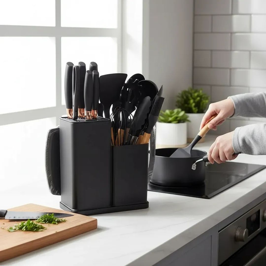  SET DE UTENSILIOS DE COCINA EN SILICONA X 19 PIEZAS + TABLA