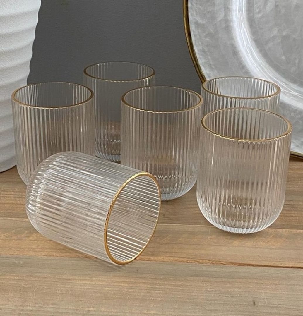 VASO CORTO RAYAS  TRANSPARENTE BORDE DORADO