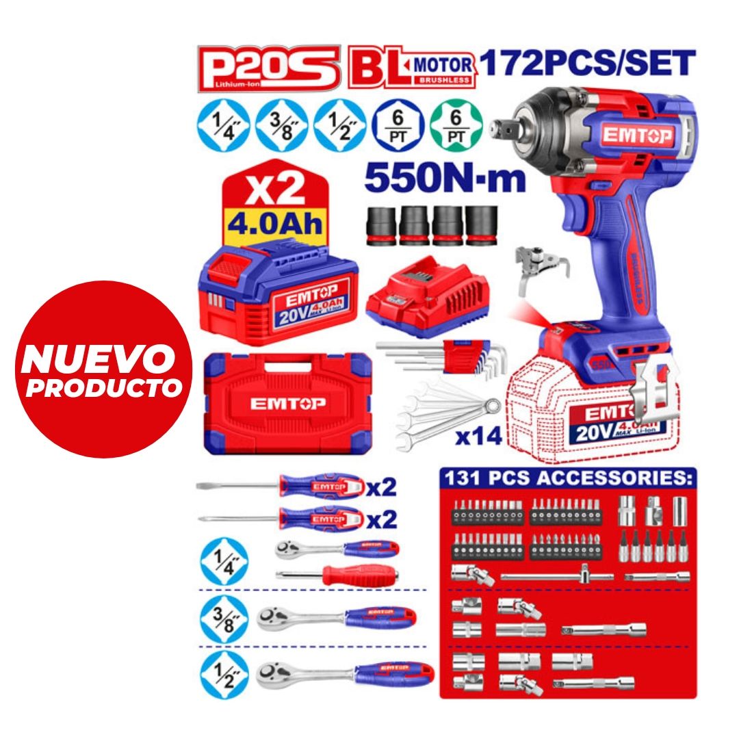 EMTOP LLAVE DE IMPACTO 168PCS 550Nm 1/2 BL INALAM 20V+2BAT 4.0Ah+CARGADOR