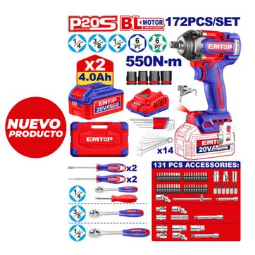 EMTOP LLAVE DE IMPACTO 168PCS 550Nm 1/2 BL INALAM 20V+2BAT 4.0Ah+CARGADOR - imagen 1