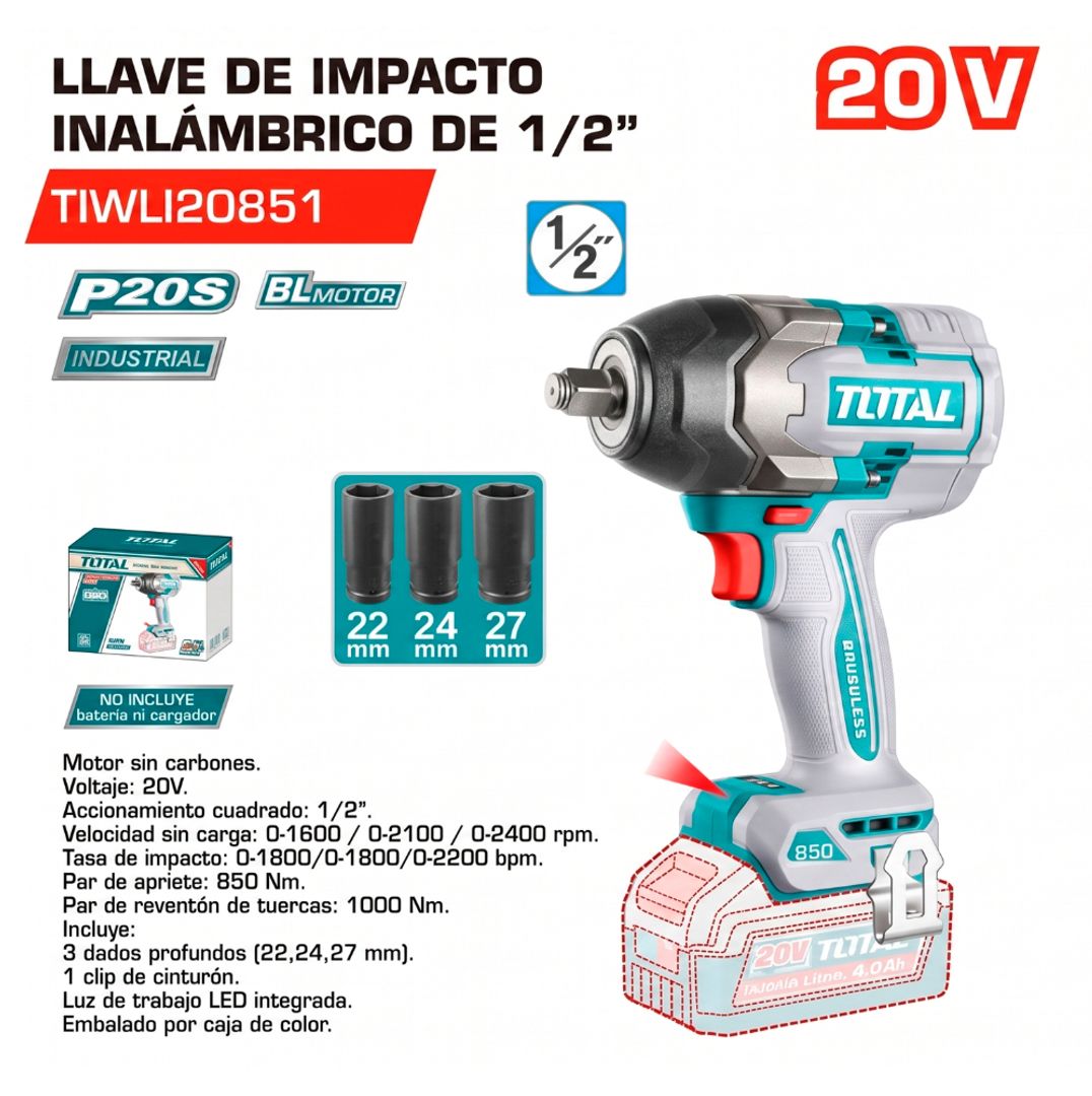 LLAVE DE IMPACTO INALAMBRICO 1/2" 850NM  SIN BATERIA NI CARGADOR