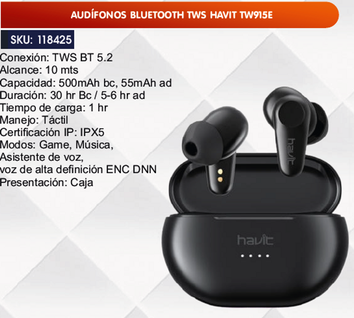 AUDÍFONOS BLUETOOTH TWS HAVIT TW915E