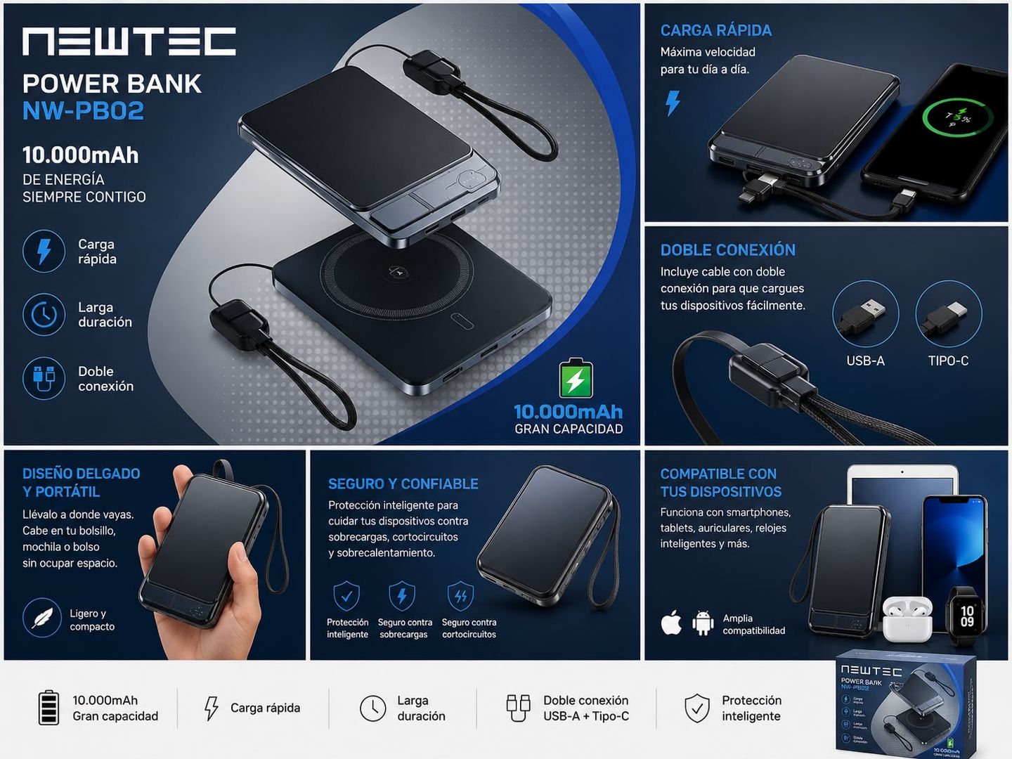 POWER BANK NEWTEC NW-PB02 – 10.000 mAh