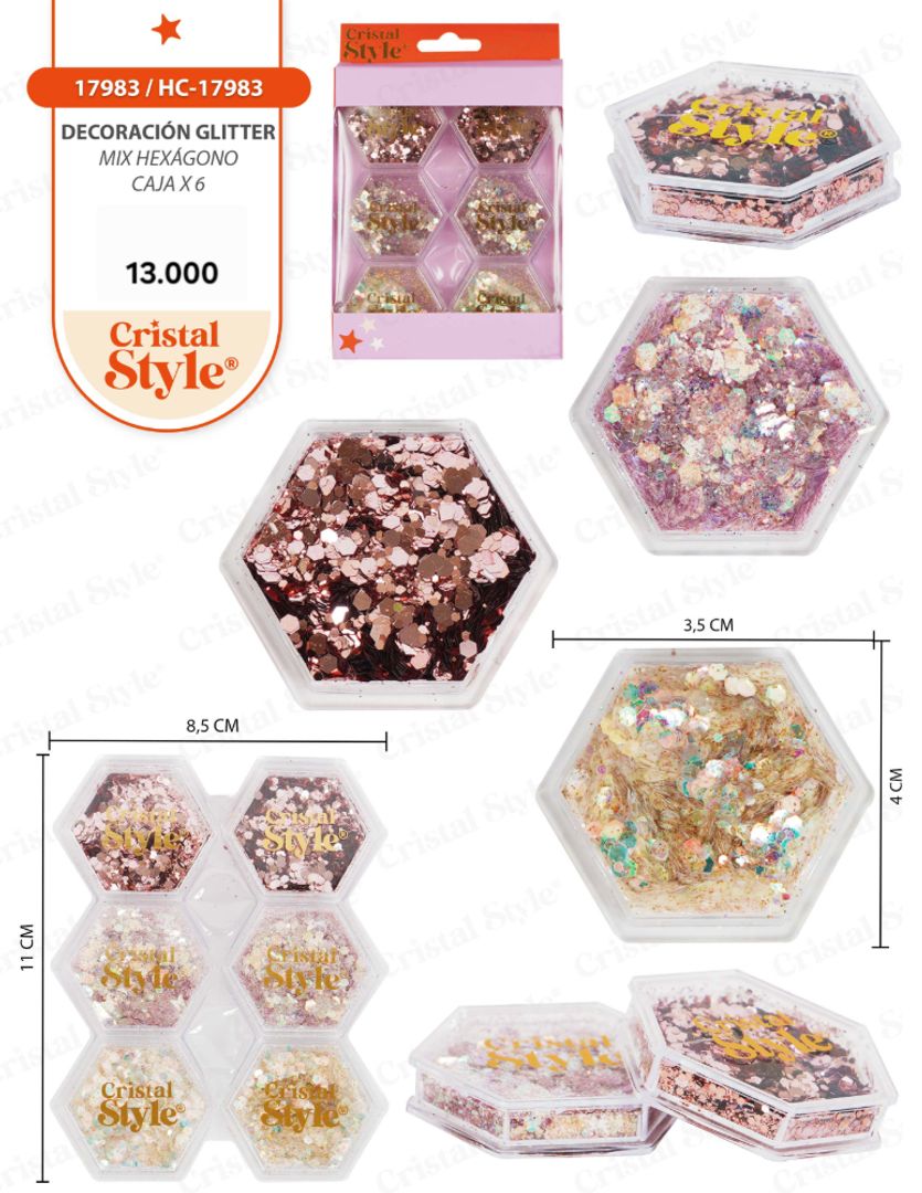 Glitter Hexágono Mix caja x 6