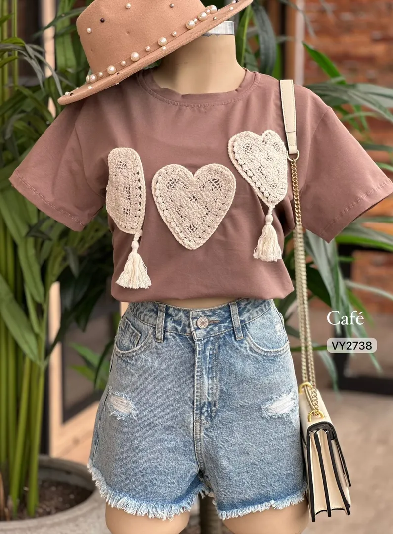 CAMISETA 3 CORAZONES ENCAJE CROCHE VY2738