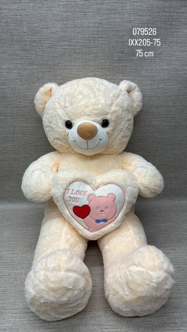 OSO CREMA CON  CORAZON BORDADO DE 75 CM 