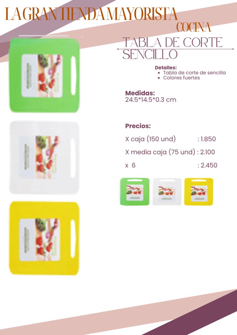 Tabla de corte sencillos  x 6 und 