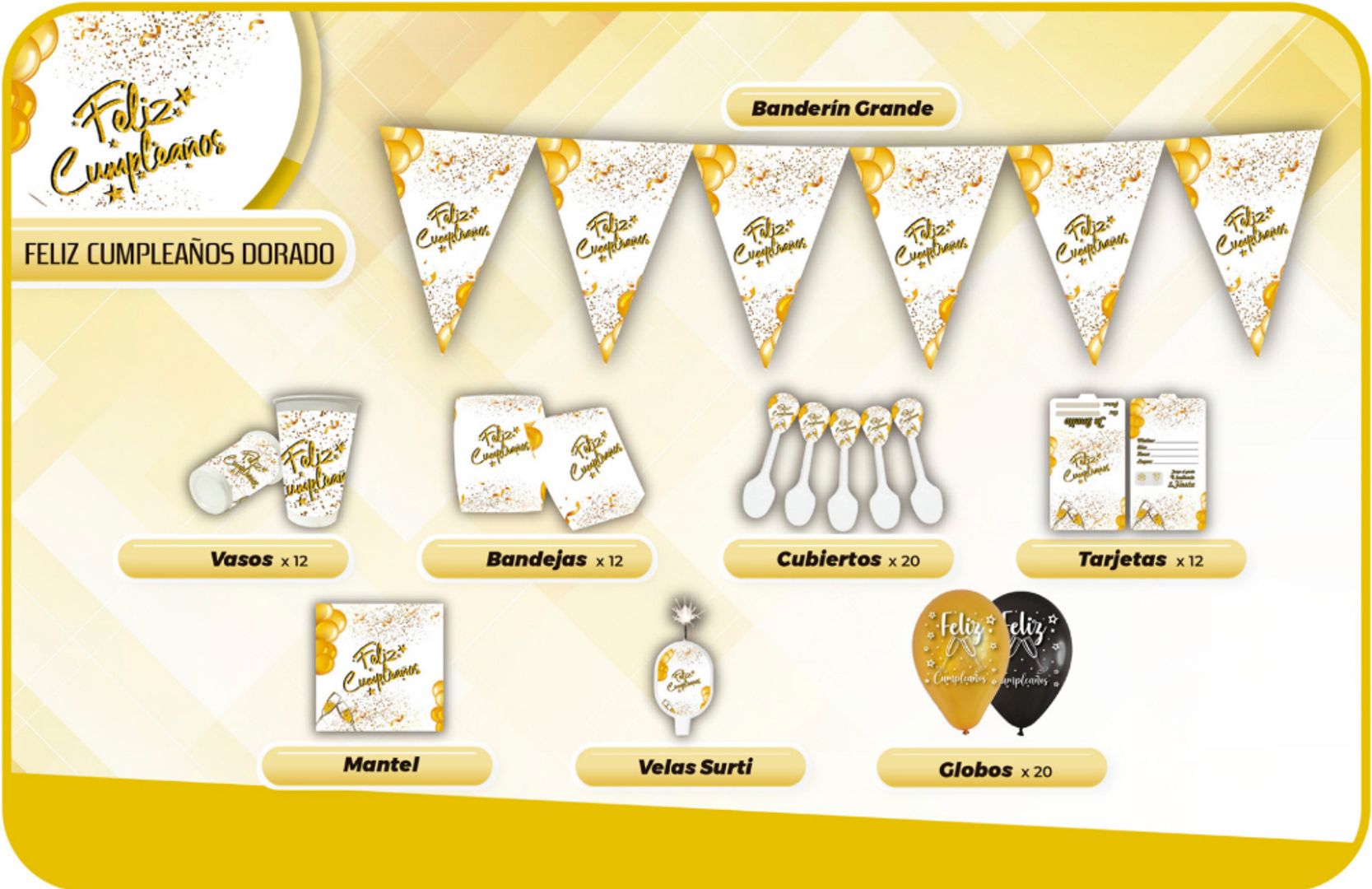 DECORACIÓN FELIZ CUMPLEAÑOS BLANCO DORADO