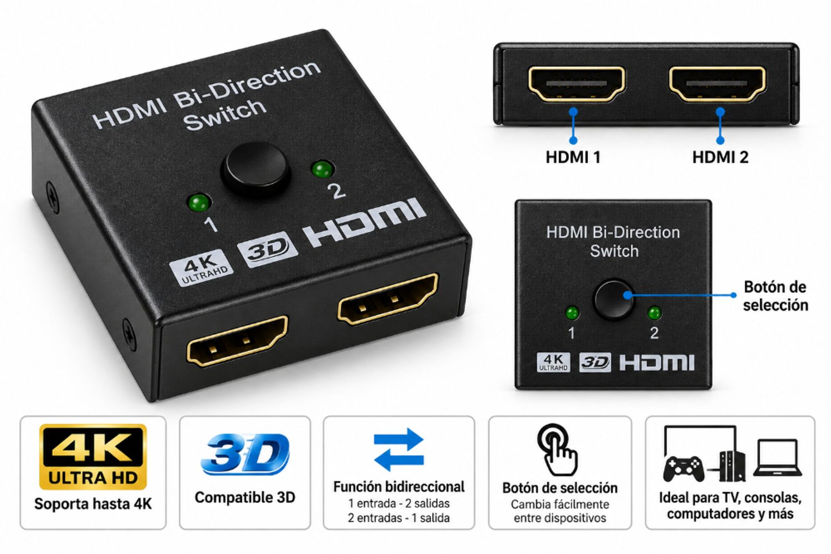 Switch HDMI 2.0 Bidireccional 4K – 2 en 1
