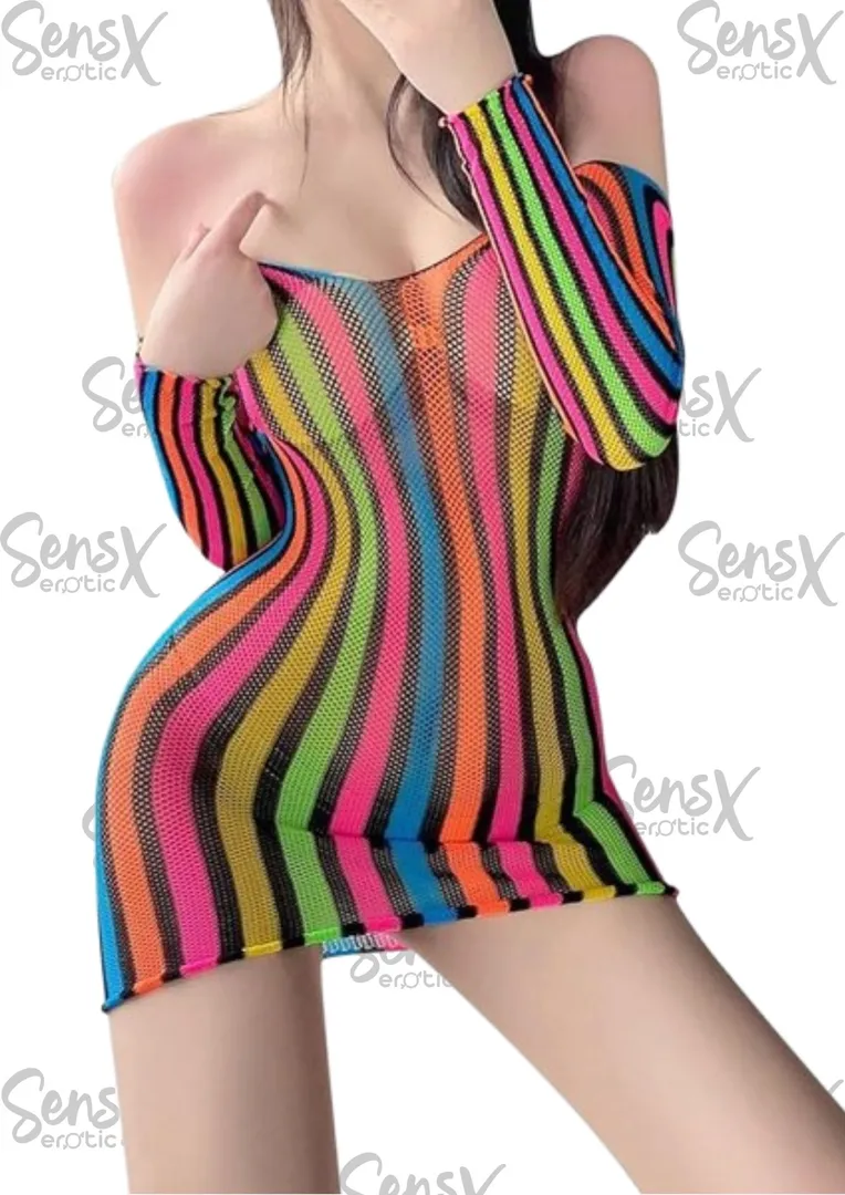 Lencería Transparente de Malla Arcoíris – Babydoll Sexy y Elegante