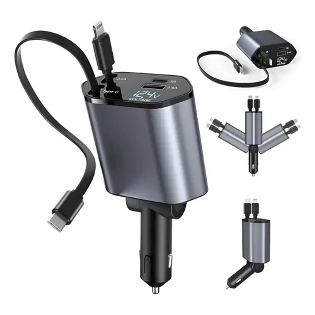 CARGADOR CELULAR CARRO 12V CABLE RETRACTIL IPHONE TIPO C