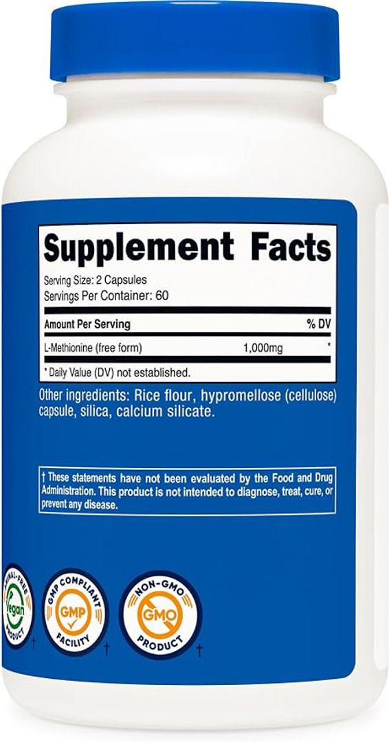 L metionina 1,000 mg 120 cápsulas, 60 porciones Nutricost 