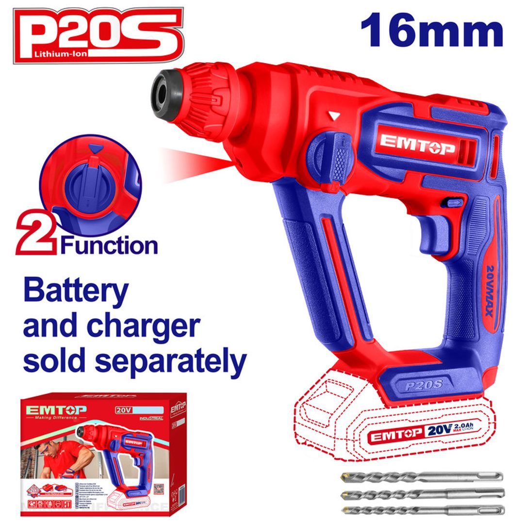 EMTOP ROTOMARTILLO 16MM INALAM 20V SDS PLUS NO INCLUYE BATERIA NI CARGADOR