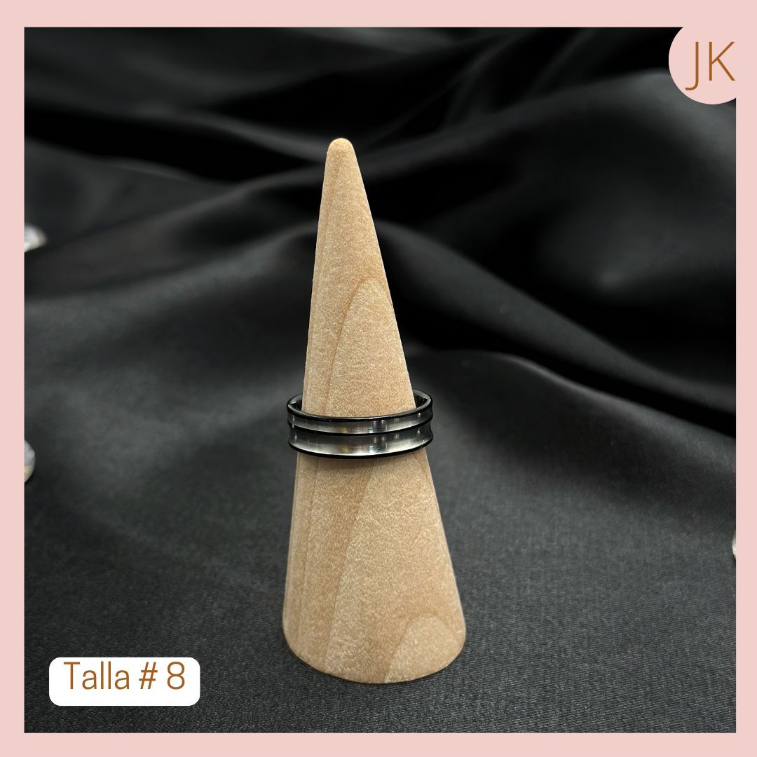 Anillo Acero Plateado Lineas negras 