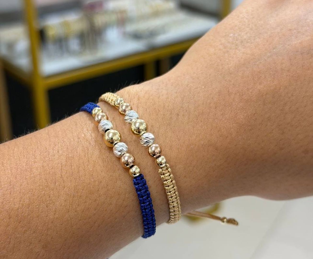 Par pulseras en 3 oros liso y diamantado