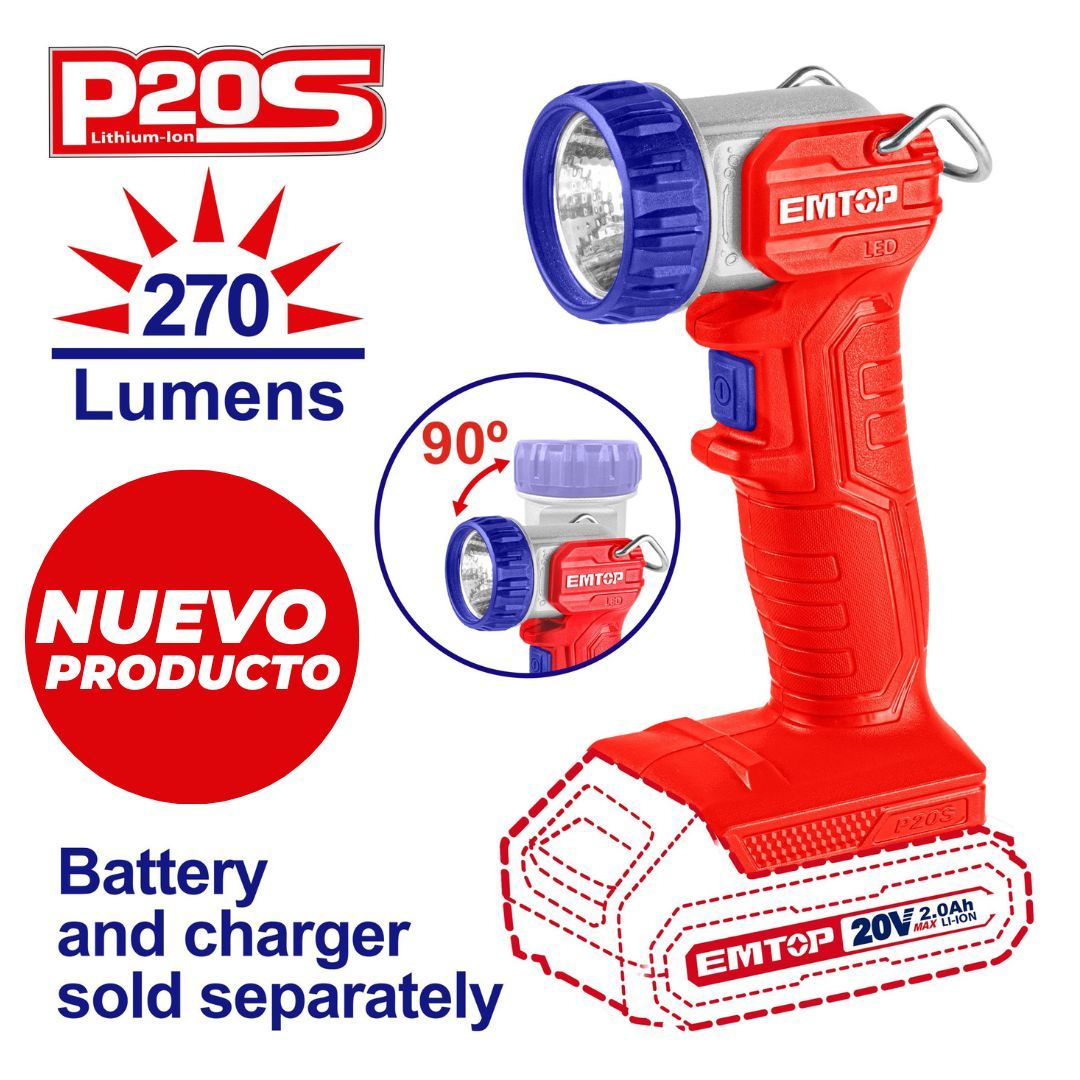 EMTOP LAMPARA DE TRABAJO INALAM 20V LED 270 LUMENS ESC 90° NO INCLUYE BATERIA NI CARGADOR 