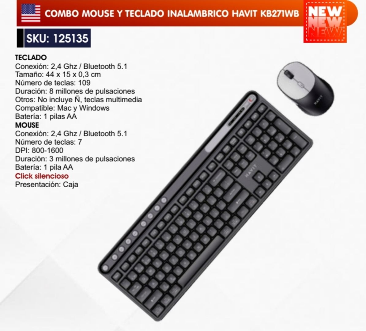 COMBO MOUSE Y TECLADO INALÁMBRICO HAVIT 