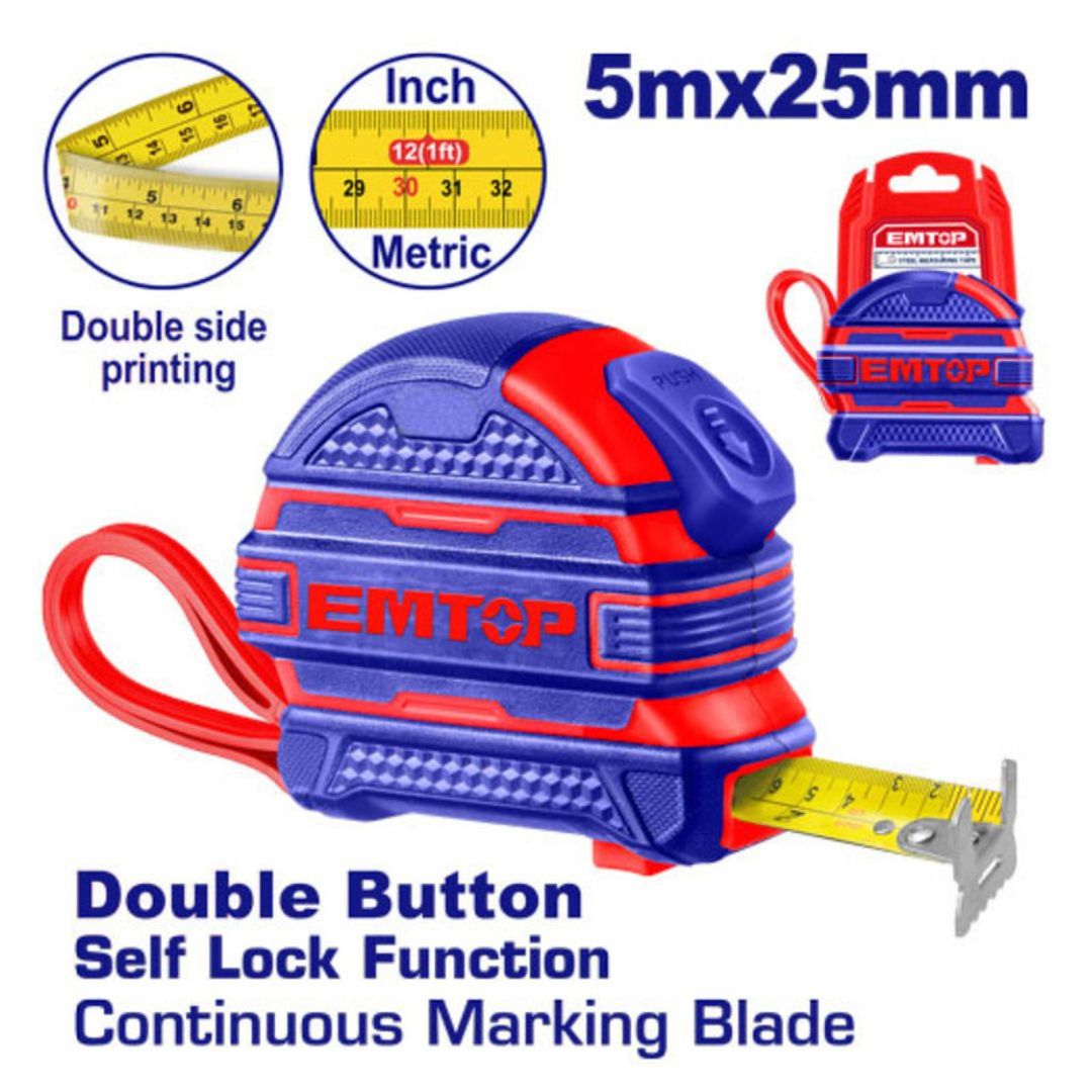 EMTOP FLEXOMETRO 5MTS ENCAUCHETADO CINTA 25MM DOBLE CARA SUPER EMTOP