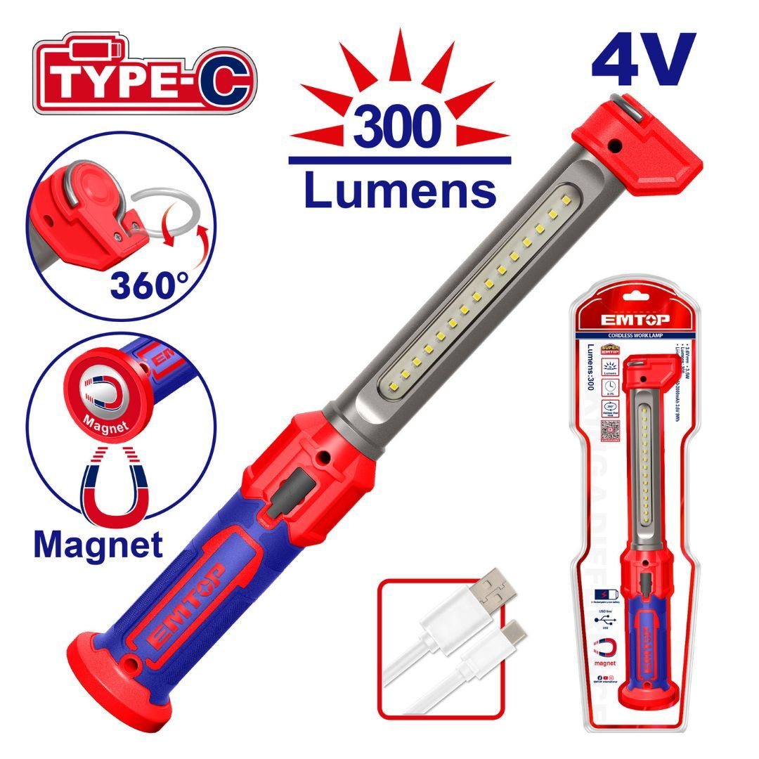 EMTOP LAMPARA RECARGABLE LED 300 LUMENS PARA TRABAJO+GANCHO+CABLE TIPO C CARGAR