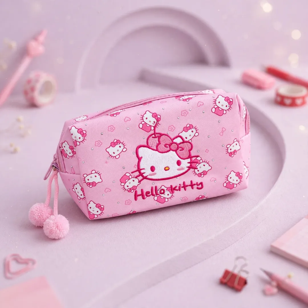 CARTUCHERA HELLO KITTY CON PIEDRITAS & POMPONES