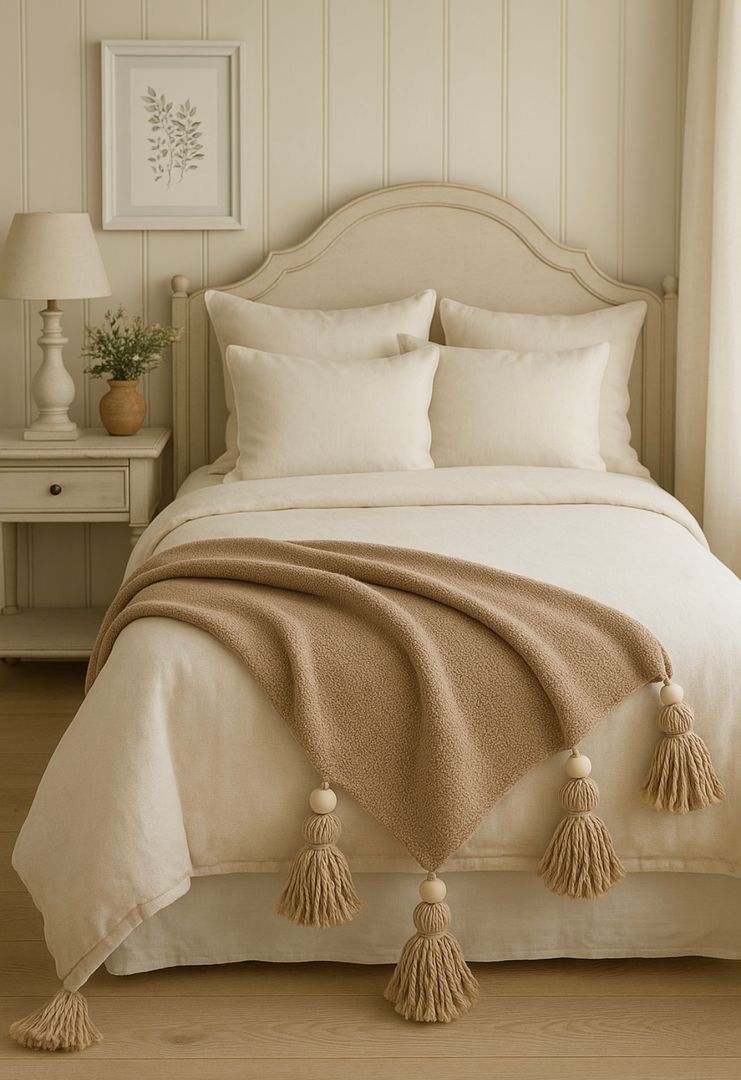 Manta/Throw Paño Boucle con borlas lana y cuentas madera 