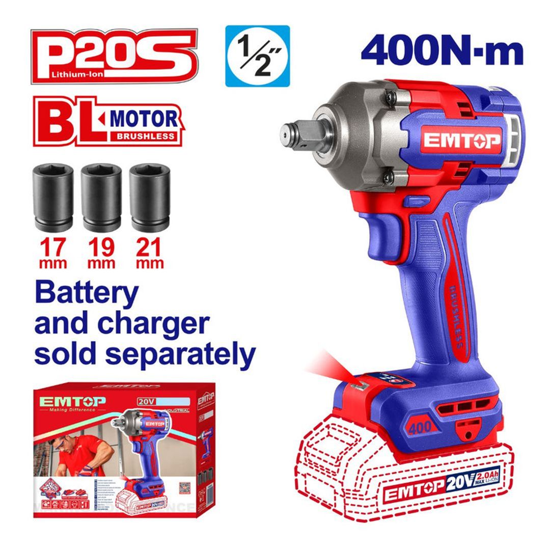 EMTOP LLAVE DE IMPACTO 1/2 BRUSHLESS INALAM 20V SIN BATERIA, SIN CARGADOR SUPER EMTOP